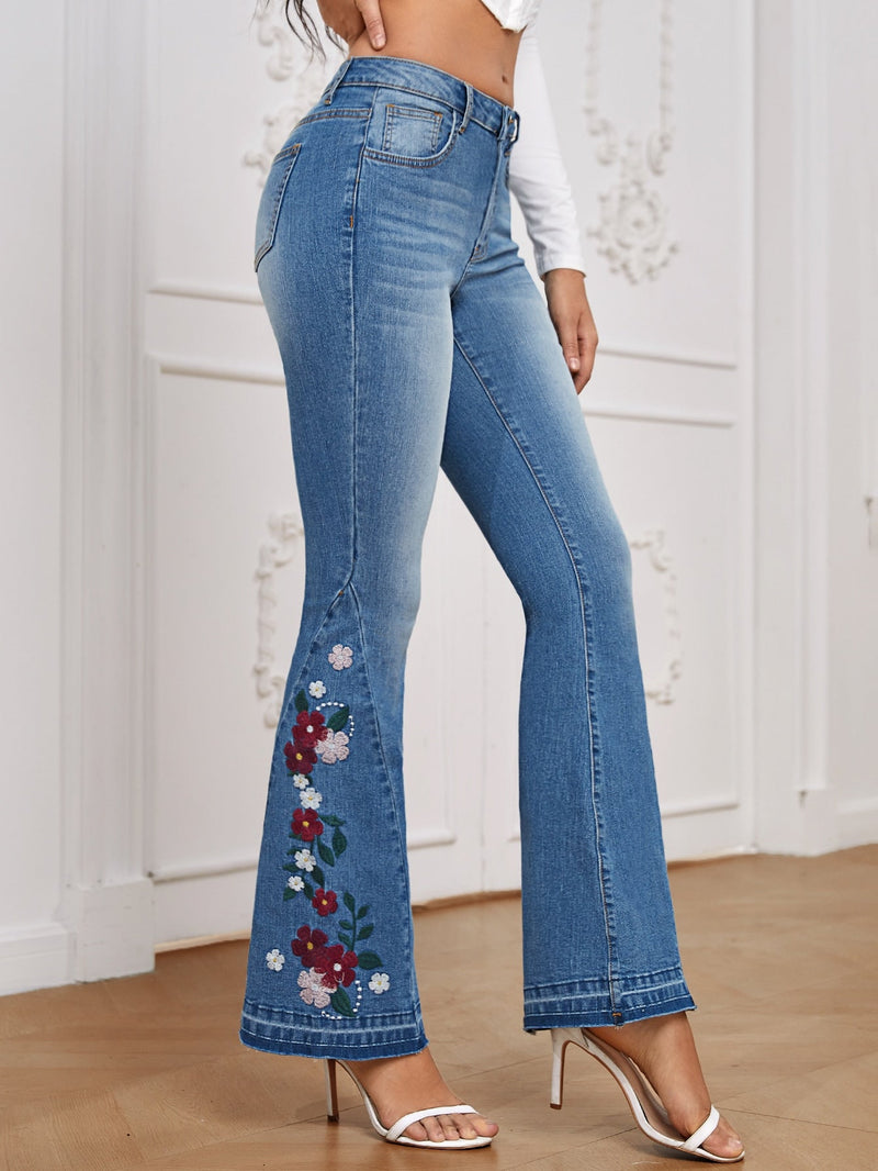 Calça jeans flare Bordado floral