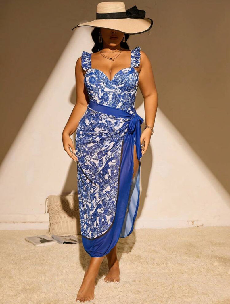 Maiô + Saída de Praia Floral Azul