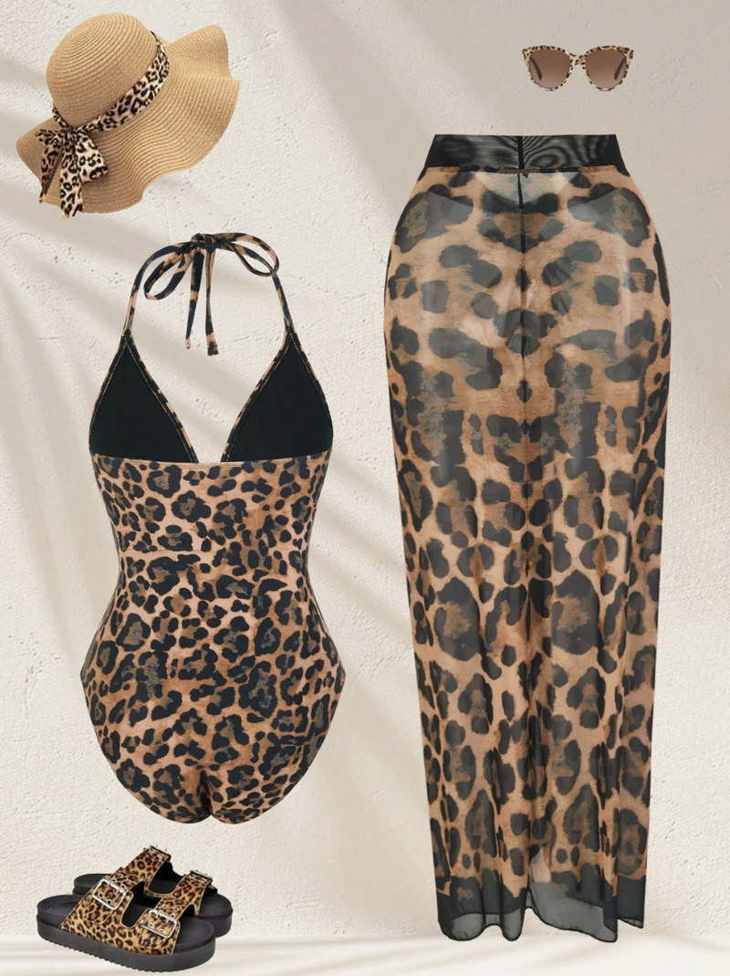 Kit Maiô + Saída de praia estampa de onça - PLUS SIZE