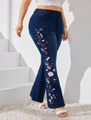 Calça jeans flare Bordado floral