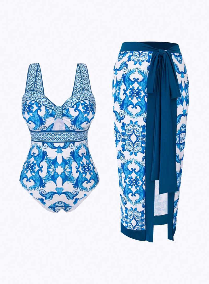 Maiô + Saída de Praia Floral Azul